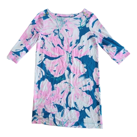 Lilly Pulitzer Girls Knit Dress Size L (8–10) Pink Blue Floral 3/4 Sleeve - Picture 3 of 7